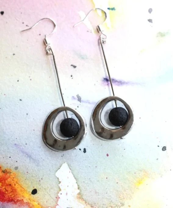 Nieuwe lange zilveren cr zwarte lava oorbellen creatie – photo 4